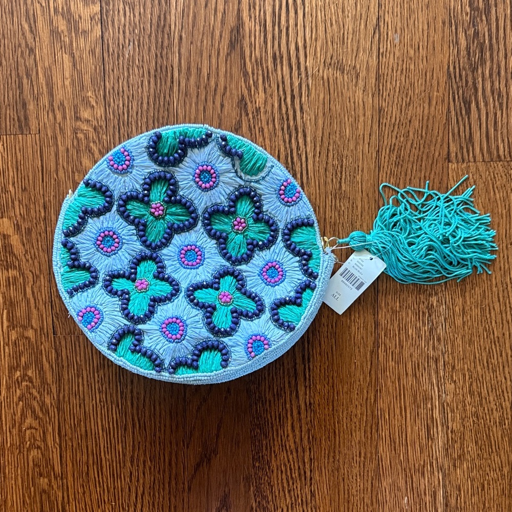 Anthropologie Round Beaded Crossbody Bag in Turquoise, Green, Purple, Pink